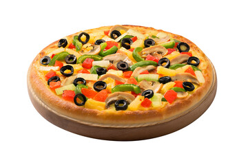 Delicious vegetarian pizza with champignon mushrooms, tomatoes, mozzarella, peppers and black olives, isolated on white background