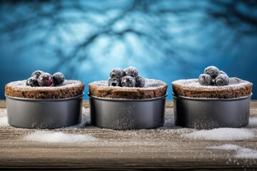 Winter muffin cakes decorated with berries on wooden table on blue background.