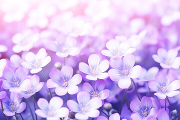 Beautiful spring violet white flowers in nature outdoors in forest. Abstract spring nature background.
