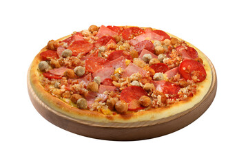 Delicious pizza with bacon, ham, mozzarella and tomato sauce, isolated on white background