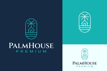 Simple Monoline House Home Palm Tree Beach Emblem Logo Design Branding Template