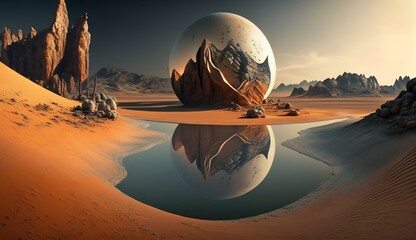 a reflection of a large ball in a desert