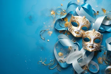 Poster Festive purim carnival background - mask, ribbonds and confetti © anaumenko