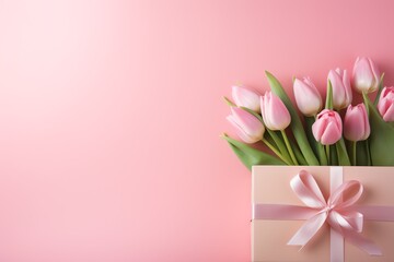 a pink box with a pink bow and flowers