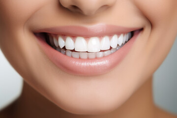 Fototapeta premium Beautiful female smile after teeth whitening procedure. Dental care. Dentistry concept.