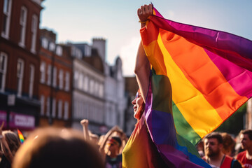 Portrait, rainbow and flag with friends outdoors for diversity, gay pride and freedom. Support, lgbt and human rights with group of men and women friends standing at street protest.generative ai
