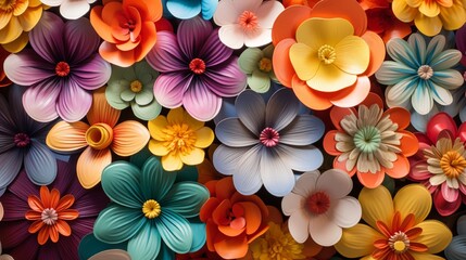 Wallpaper featuring an array of colorful 3D flowers blooming, their petals reaching out from the wall.