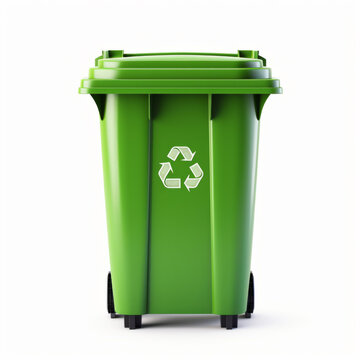 A new unbox green large plastic bin isolated on white background. Wheelie garbage container with a lid.