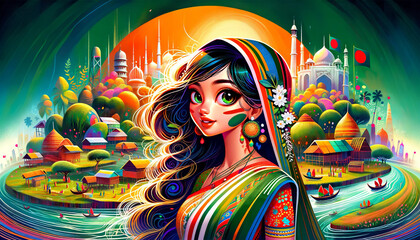 Animated-style portrait of a girl from Bangladesh, designed as a desktop wallpaper in a 16:9 aspect ratio.