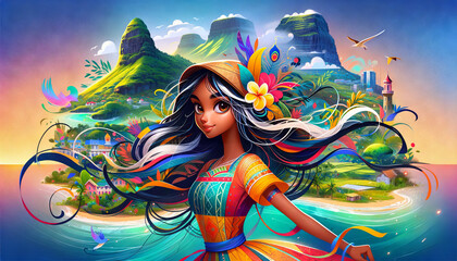 Obraz na płótnie Canvas Animated-style portrait of a girl from Mauritius, designed as a desktop wallpaper in a 16:9 aspect ratio.