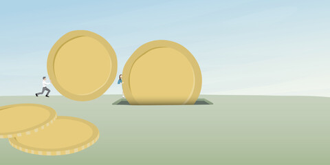 People push large golden coin into coin bank childish style vector illustration. Surreal investment concept doodle line.