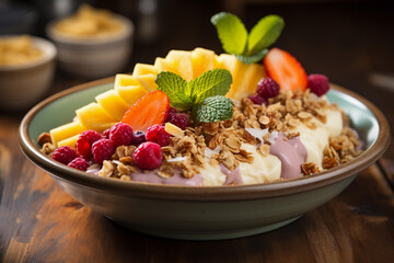 Healthy breakfast bowl with yogurt, granola, and fresh fruits on a wooden table.