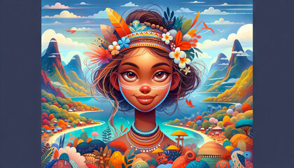 Animated-style portrait of a girl from Papua New Guinea, designed as a desktop wallpaper in a 16:9 aspect ratio. 