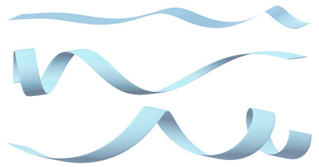 Set of wavy ribbons in blue color for birthday and Christmas gift isolated on transparent background.