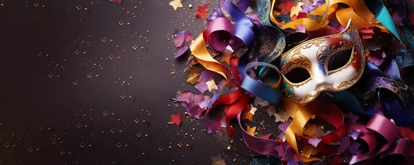 Gordijnen Festive purim carnival background - mask, ribbonds and confetti © anaumenko