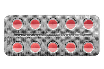 blister full of red pills or tablets