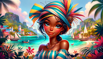 Obraz na płótnie Canvas Animated-style portrait of a girl from the Bahamas, designed as a desktop wallpaper in a 16:9 aspect ratio.