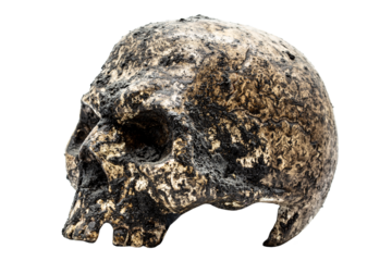 single dirty human skull with earth on top