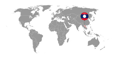 Pin map with Laos flag on world map. Vector illustration.