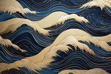 Chinese style waves art metallic gold and dark blue pattern background - obrazy, fototapety, plakaty