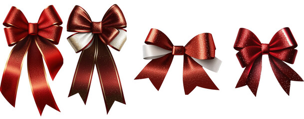 Glittering red bow and ribbon set rendered on a clear background, showcasing various shapes and sizes for versatile use.