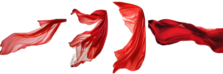 An elongated, crimson silk ribbon soars gracefully, depicted against a clear backdrop, evoking a sense of fluid aerial movement.