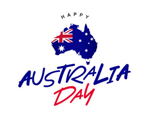 Australian flag is inscribed in the silhouette of the country. Beautiful inscription - Happy Australia Day. Elements for the design