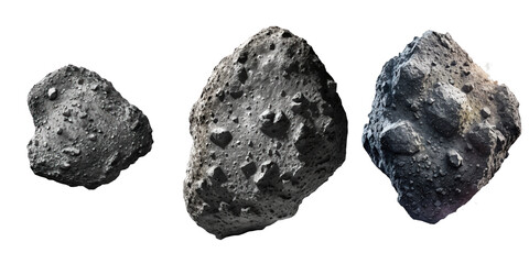 Collection of realistic asteroids displayed with intricate details and textures on a clear, transparent backdrop for versatile design use. - Powered by Adobe