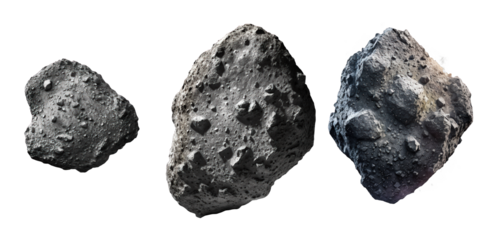 Collection of realistic asteroids displayed with intricate details and textures on a clear, transparent backdrop for versatile design use.