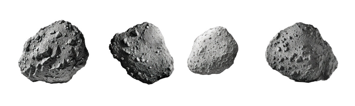 A collection of realistic asteroids rendered in high detail, displayed against a transparent backdrop for versatile use in design and space-themed projects.