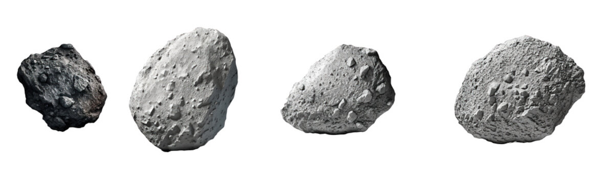 A set of realistic asteroids rendered with meticulous detail, showcased against a transparent backdrop for versatile use in design and space-themed projects.