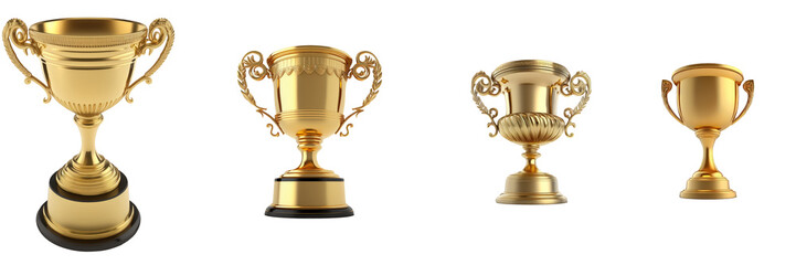 A collection of realistic golden trophies with various designs, rendered vividly on a clear...