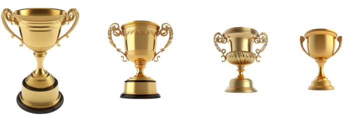 A collection of realistic golden trophies with various designs, rendered vividly on a clear transparent backdrop.