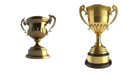 A collection of realistic, shiny golden trophies displayed on a clear, transparent background, representing achievement and success.