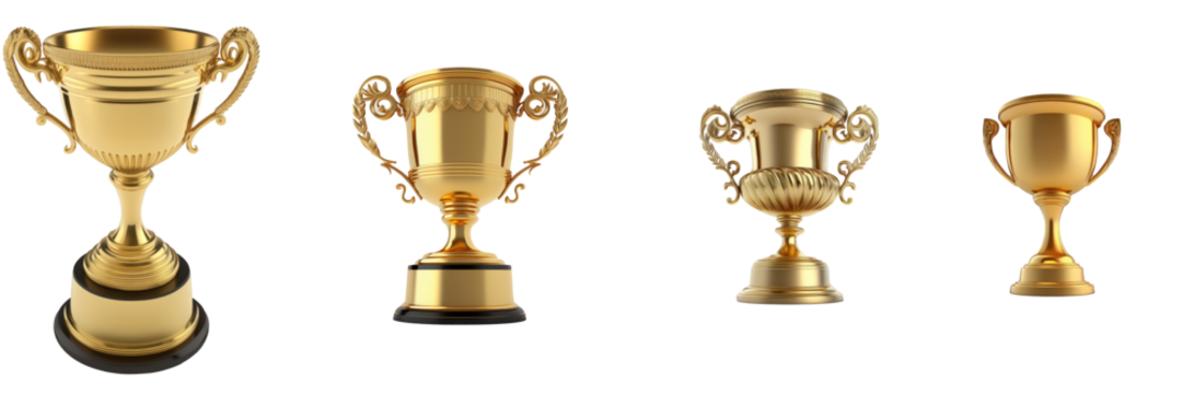 A collection of realistic golden trophies with various designs, rendered vividly on a clear transparent backdrop.