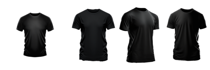 Realistic short sleeve t-shirt set displayed on a transparent background, showcasing various colors and designs.