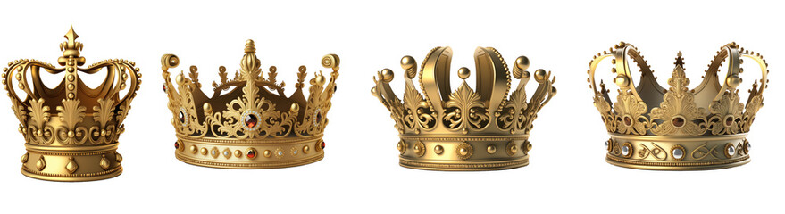 Golden crown with realistic design displayed against a transparent backdrop, showcasing intricate details and regal elegance.