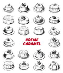 Collection of drawn creme caramels. Sketch illustration	