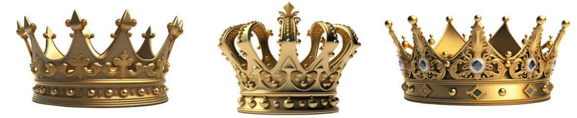 A photo-realistic rendering of a lustrous golden crown, meticulously detailed and isolated on a clear, transparent backdrop. - obrazy, fototapety, plakaty