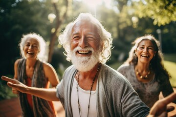 Healthy Retirement: Senior Women’s Yoga Friendship Joyful Senior Woman yoga in the park with friend happy retirement life