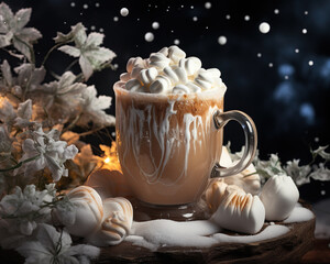 Mug of hot chocolate with marshmallows, winter holiday drink