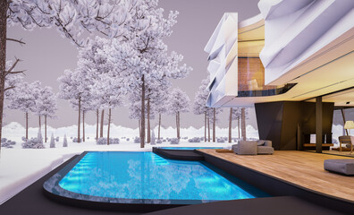 3d rendering of cute cozy modern house with bionic natural curves plastic forms with parking  and pool for sale or rent with beautiful landscape. Cool winter evening with cozy light from windows