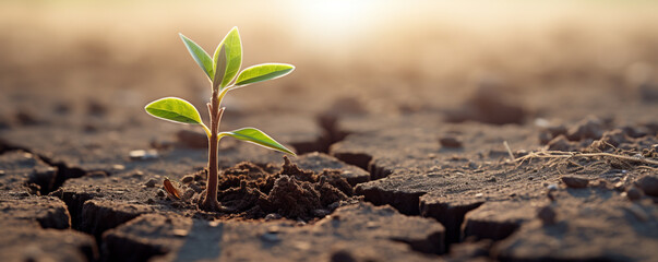 Plant sprouting in the desert in dry cracked soil. The life of a tree begins in dry soil - obrazy, fototapety, plakaty