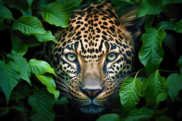 Selbstklebende Fototapeten Jungle phantom: A leopard skillfully camouflaged among leaves, showcasing the art of hiding in the wild. © EdNurg