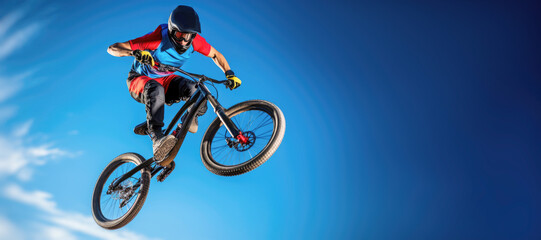 Fototapeta premium A mountain biker launching into the air, showcasing the thrill of an extreme downhill jump.