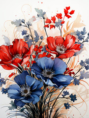 dark blue leaf and red cosmos watercolor square frame, white background ai generative