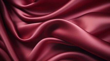 Beautiful background luxury cloth with drapery and wavy folds of burgundy red color creased smooth silk satin material texture. Abstract monochrome luxurious fabric background
