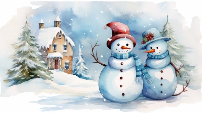 Christmas illustration with snowman outdoors.