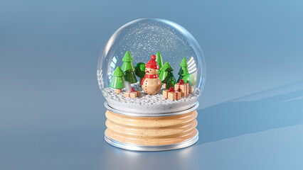Christmas magic in snow globe with wooden snowman, wooden trees and wooden gifts on an icy blue blackground