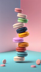 Flying balanced sweet macarons French dessert. Creative Food levitation.